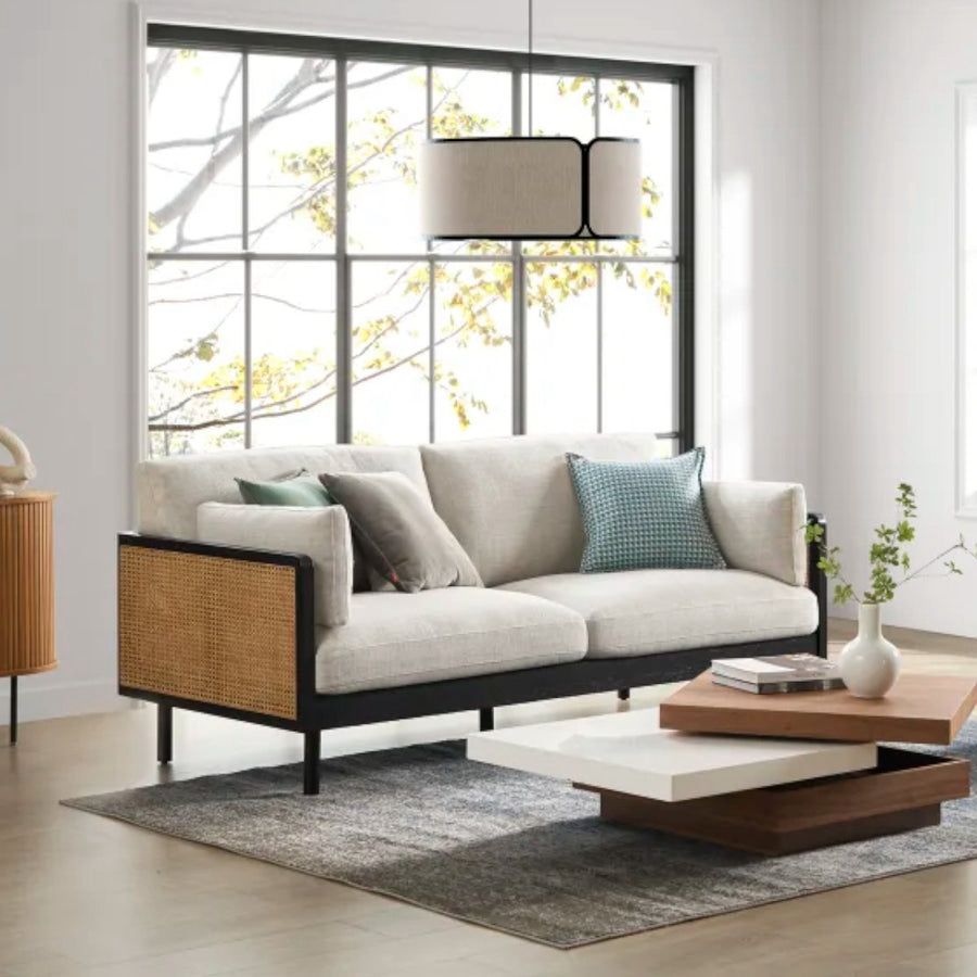CP SOLID TEAK WOOD & RATTAN 3 SEATER SOFA