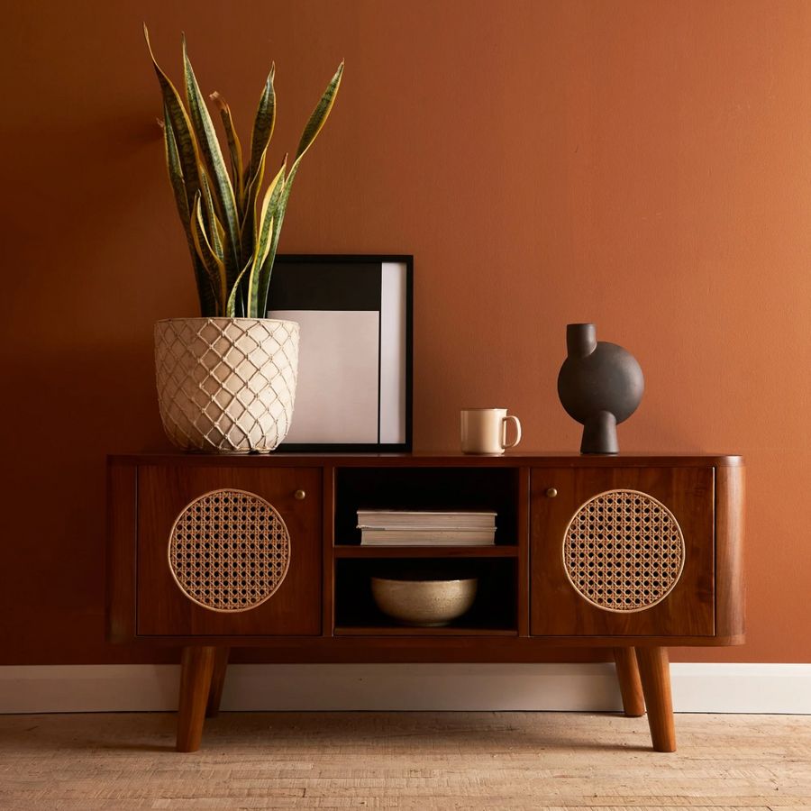 JODHPUR VRIKSH TEAK WOOD & RATTAN TV UNIT MIDEA CANSOLE