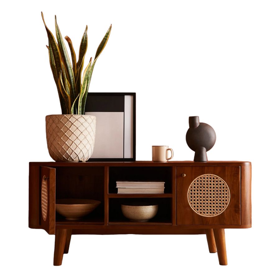 JODHPUR VRIKSH TEAK WOOD & RATTAN TV UNIT MIDEA CANSOLE