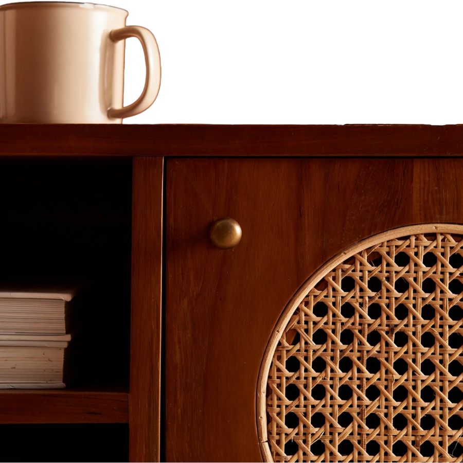 JODHPUR VRIKSH TEAK WOOD & RATTAN TV UNIT MIDEA CANSOLE
