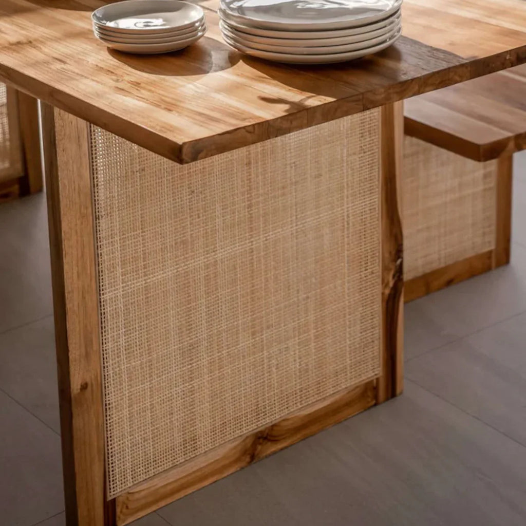 6 Seater Teak Wood & Rattan Dining Table